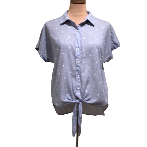 Anthropologie Cloth & Stone Top Size Medium Blue Chambray Polka Dot Button Down - Picture 1 of 9